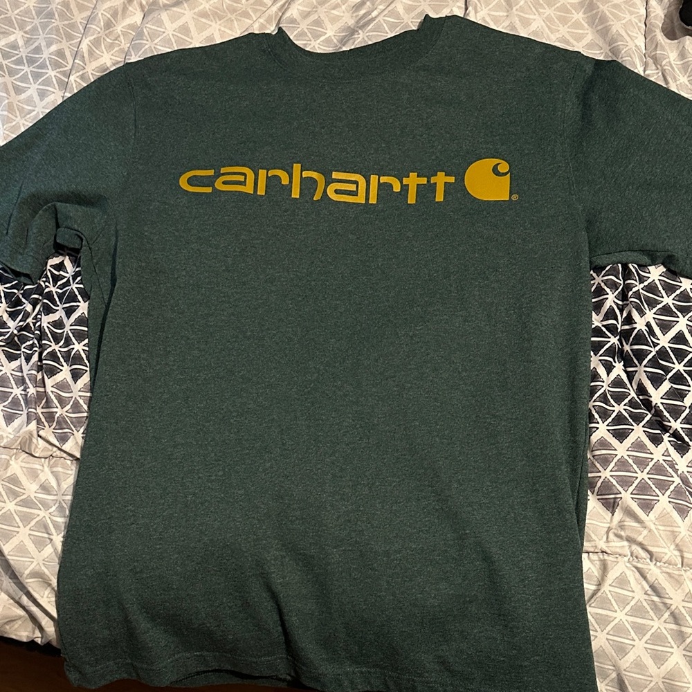 Carhartt Men's Teal T-Shirt with Yellow Logo